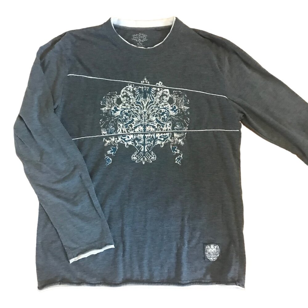 Moto Mens XL Grey Graphic Long Sleeve Crew Neck T Shirt White Trim